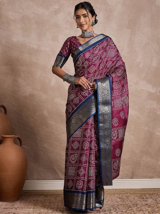 Purple Magenta Sungudi Dola Silk Printed Saree