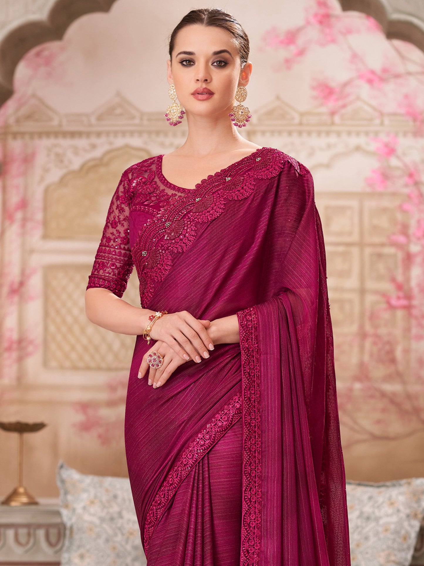 Pink Party Wear Satin Silk Embellished Saree