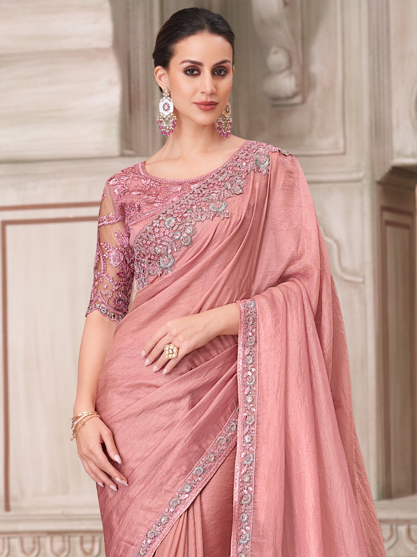 Pink Party Wear Satin Silk Embellished Saree