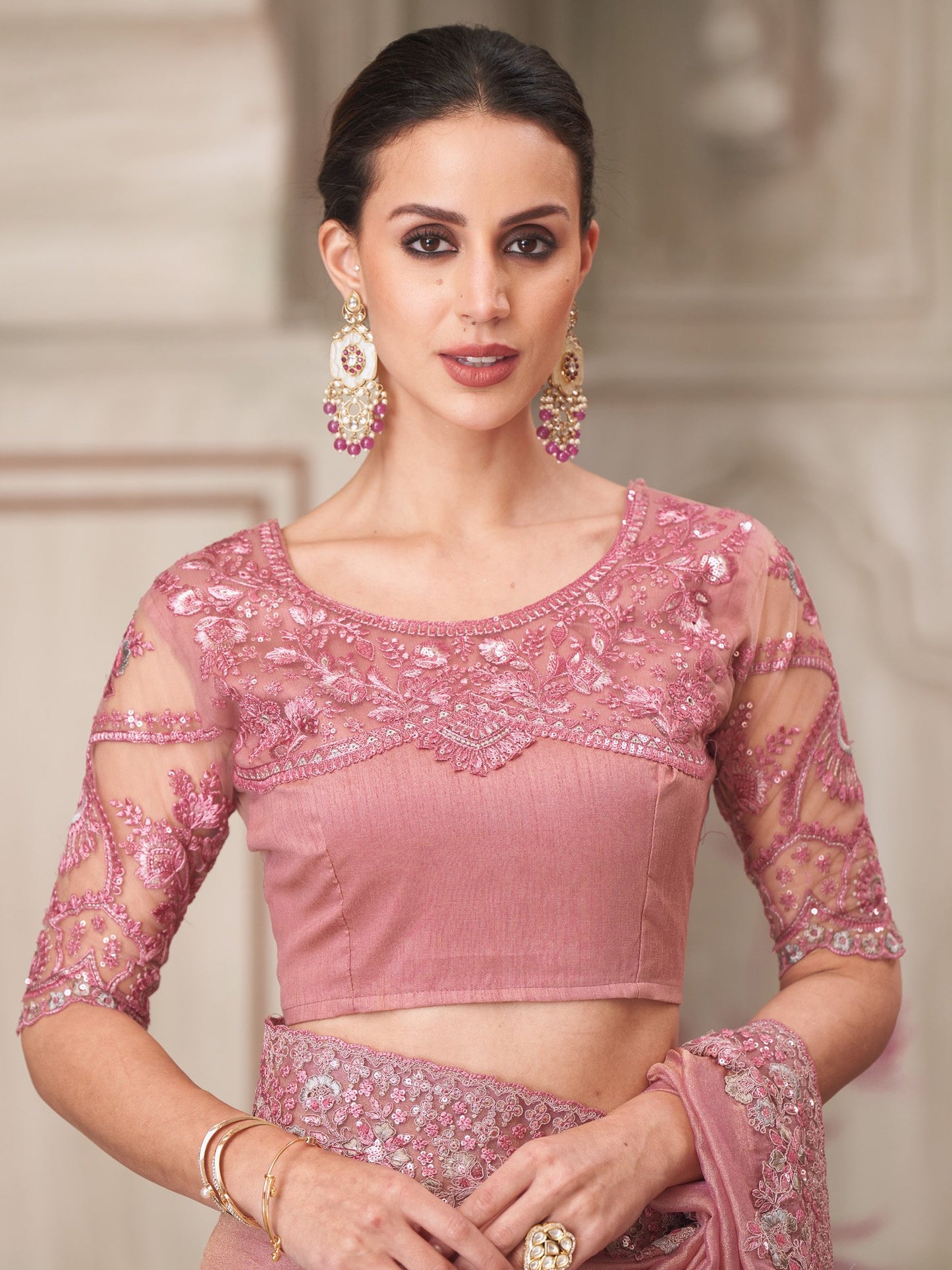 Pink Party Wear Satin Silk Embellished Saree