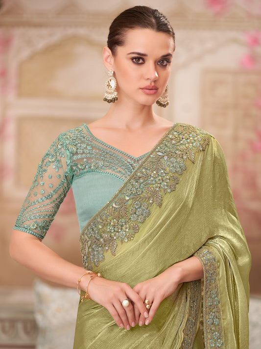 Green Light Party Wear Pure Chiffon Embellished Saree