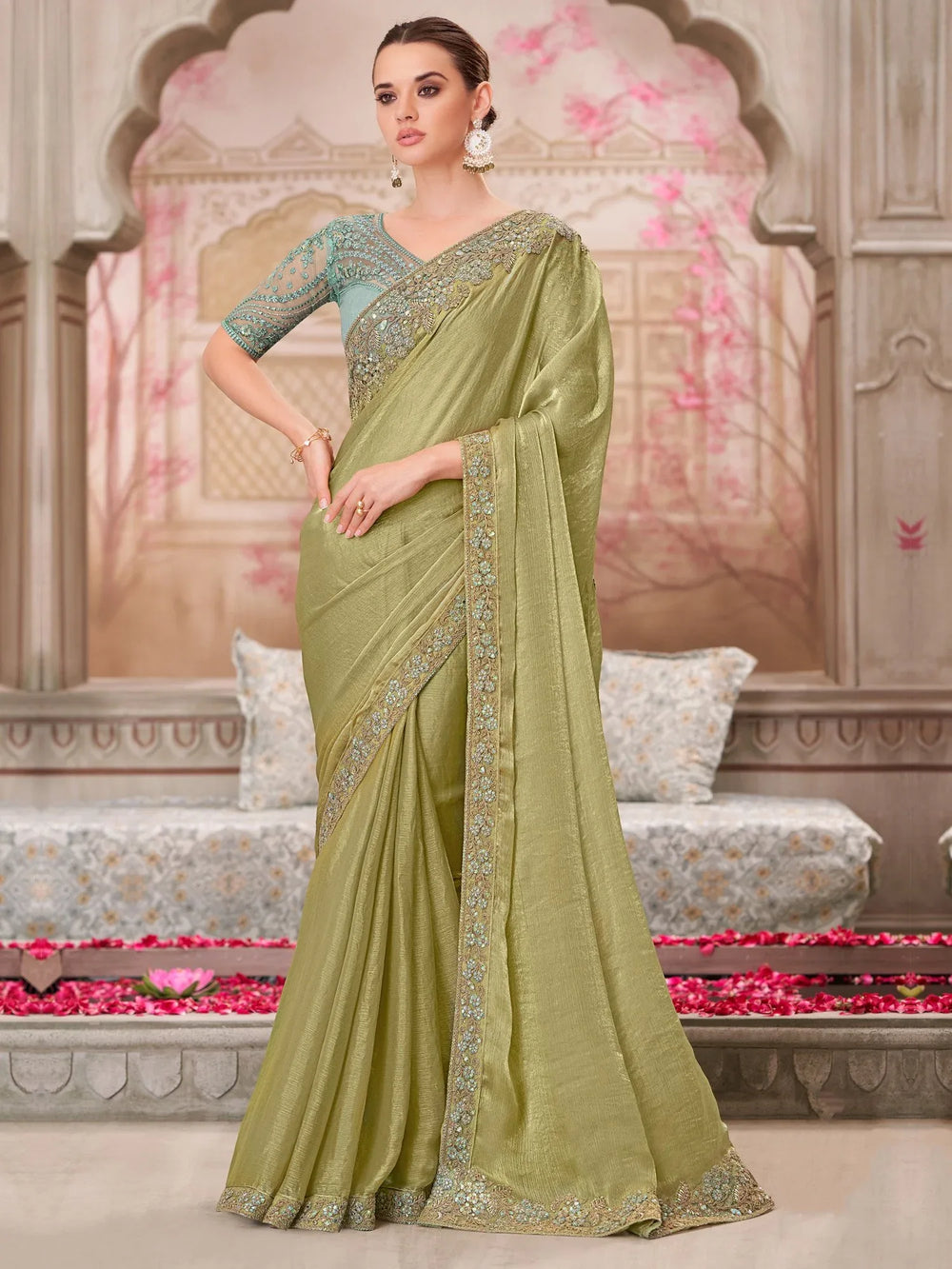 Light Party Wear Pure Chiffon Embellished Saree - The Dori Store