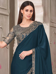 Teal Blue Party Wear Satin Silk Embellished Saree - The Dori Store