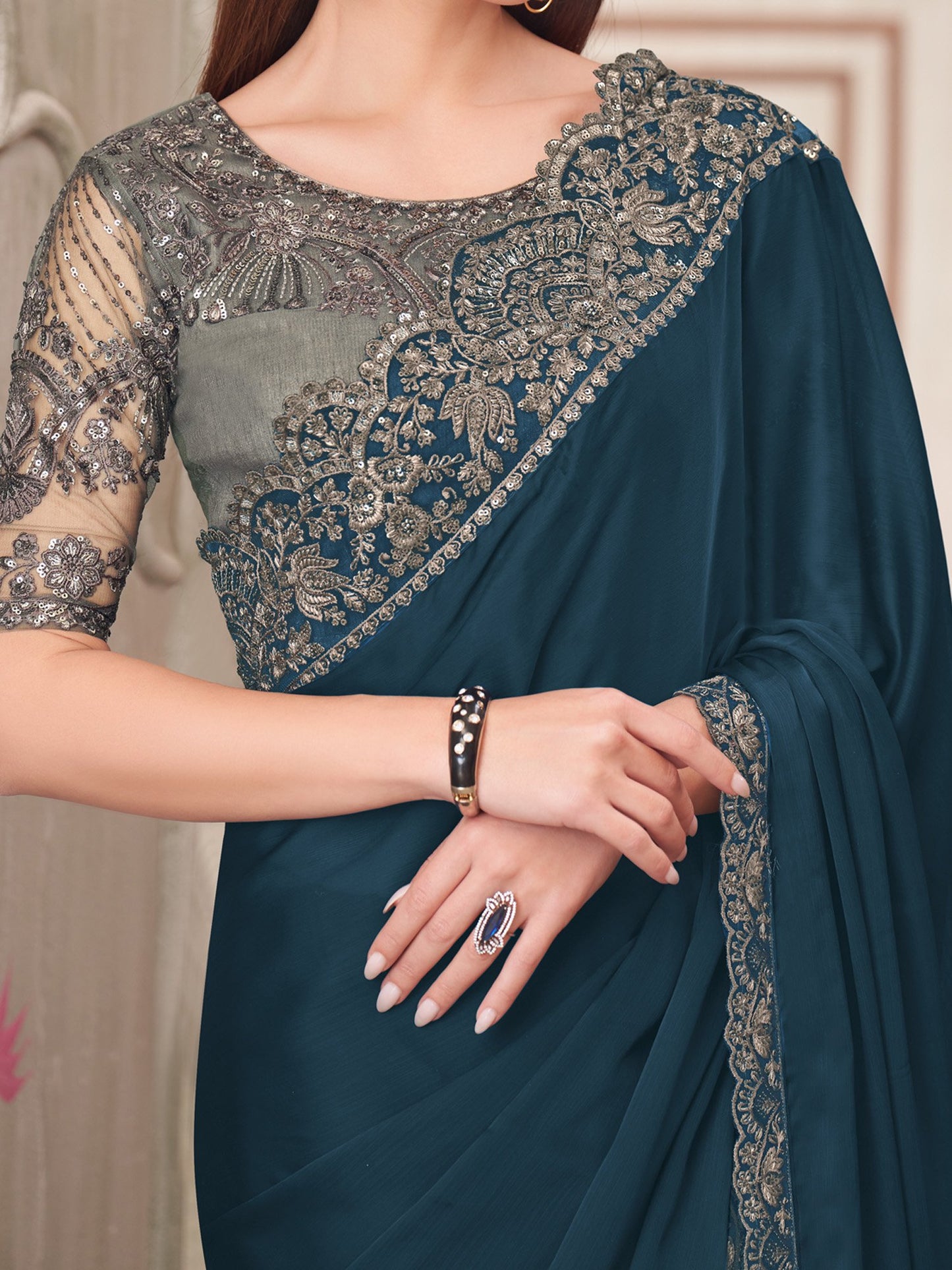 Teal Party Wear Satin Silk Embellished Saree