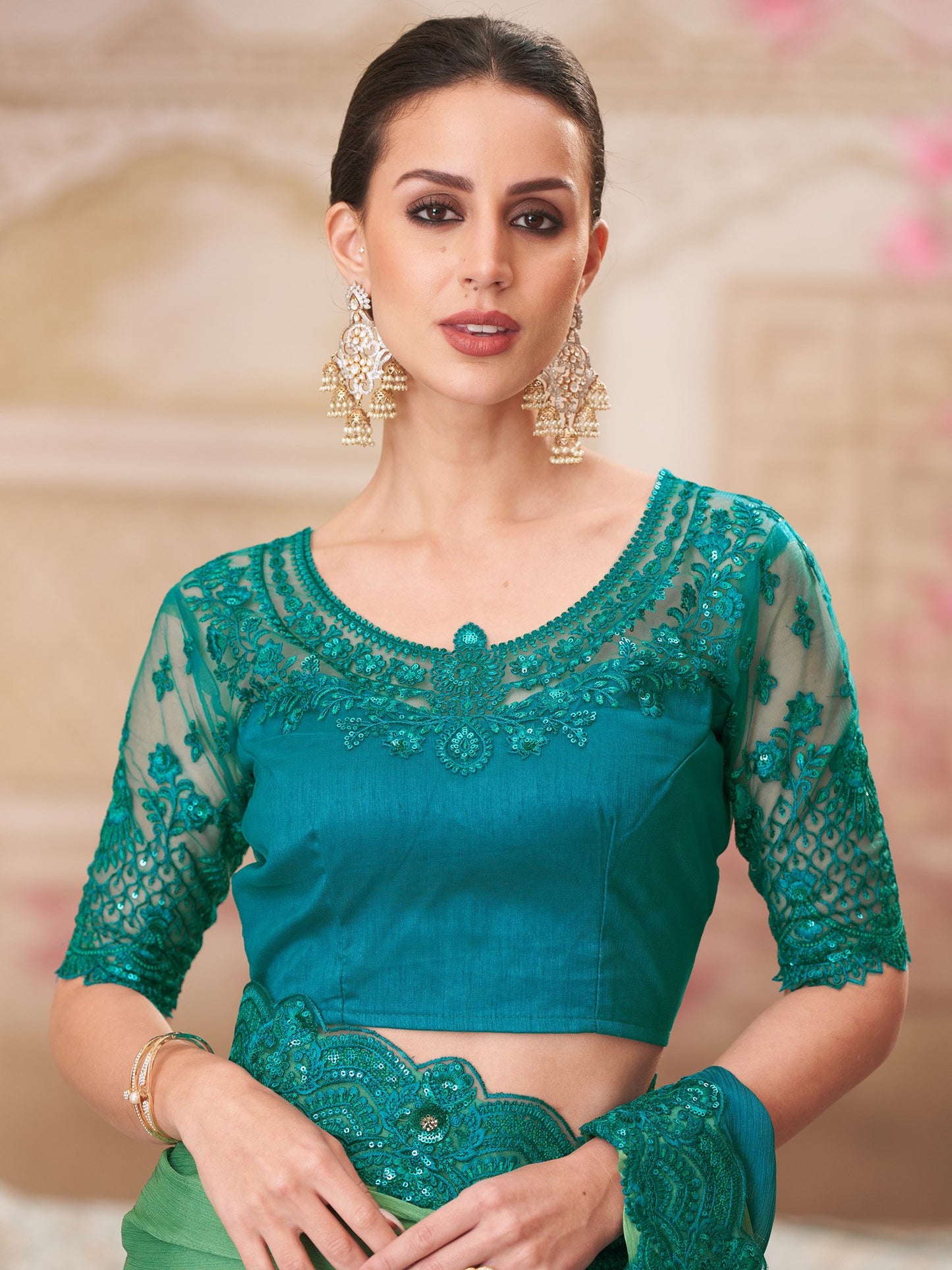 Green Party Wear Pure Chiffon Embellished Saree