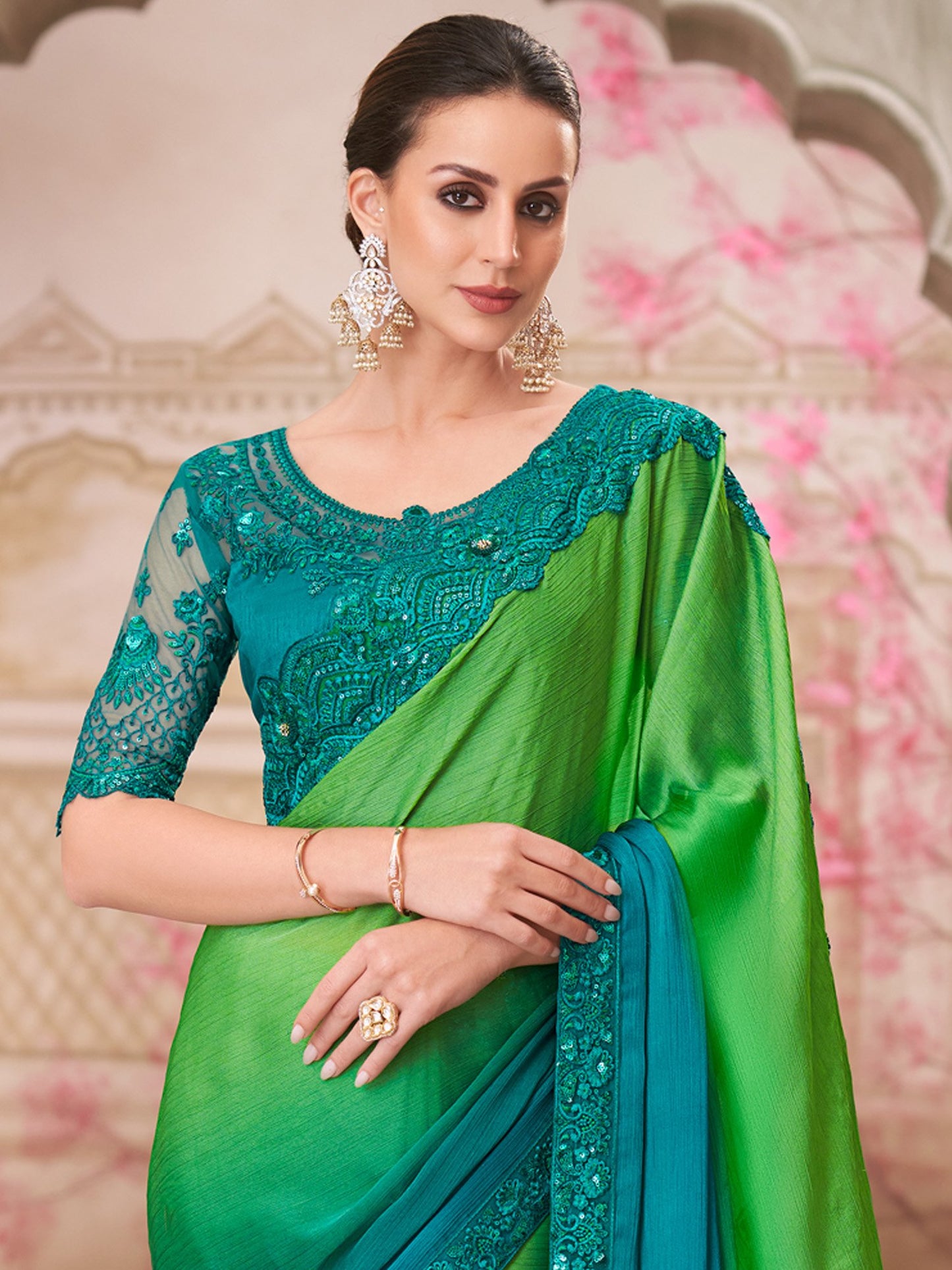Green Party Wear Pure Chiffon Embellished Saree