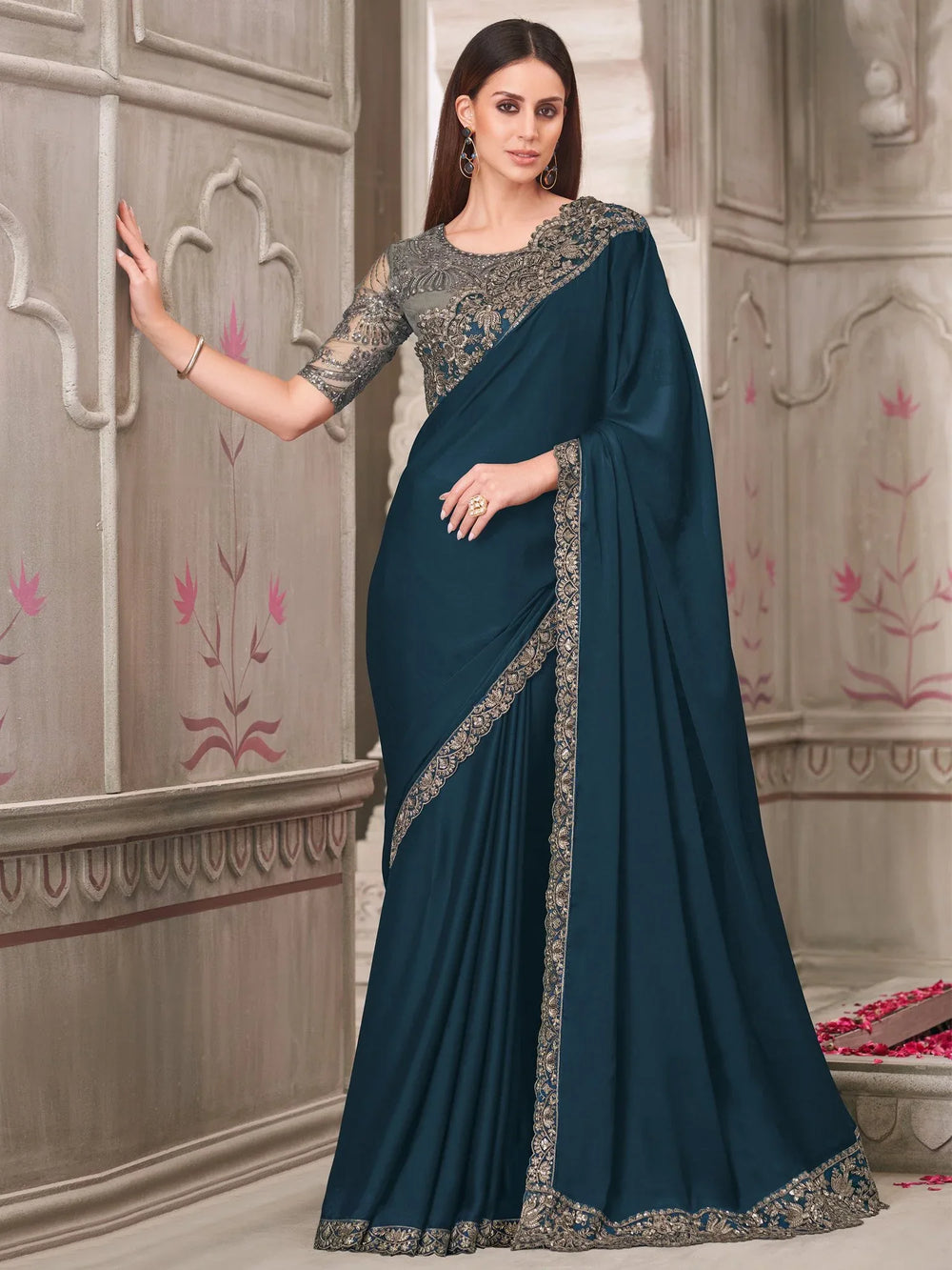 Teal Blue Party Wear Satin Silk Embellished Saree - The Dori Store