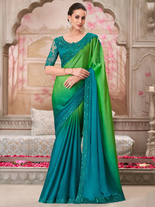Green Green Party Wear Pure Chiffon Embellished Saree