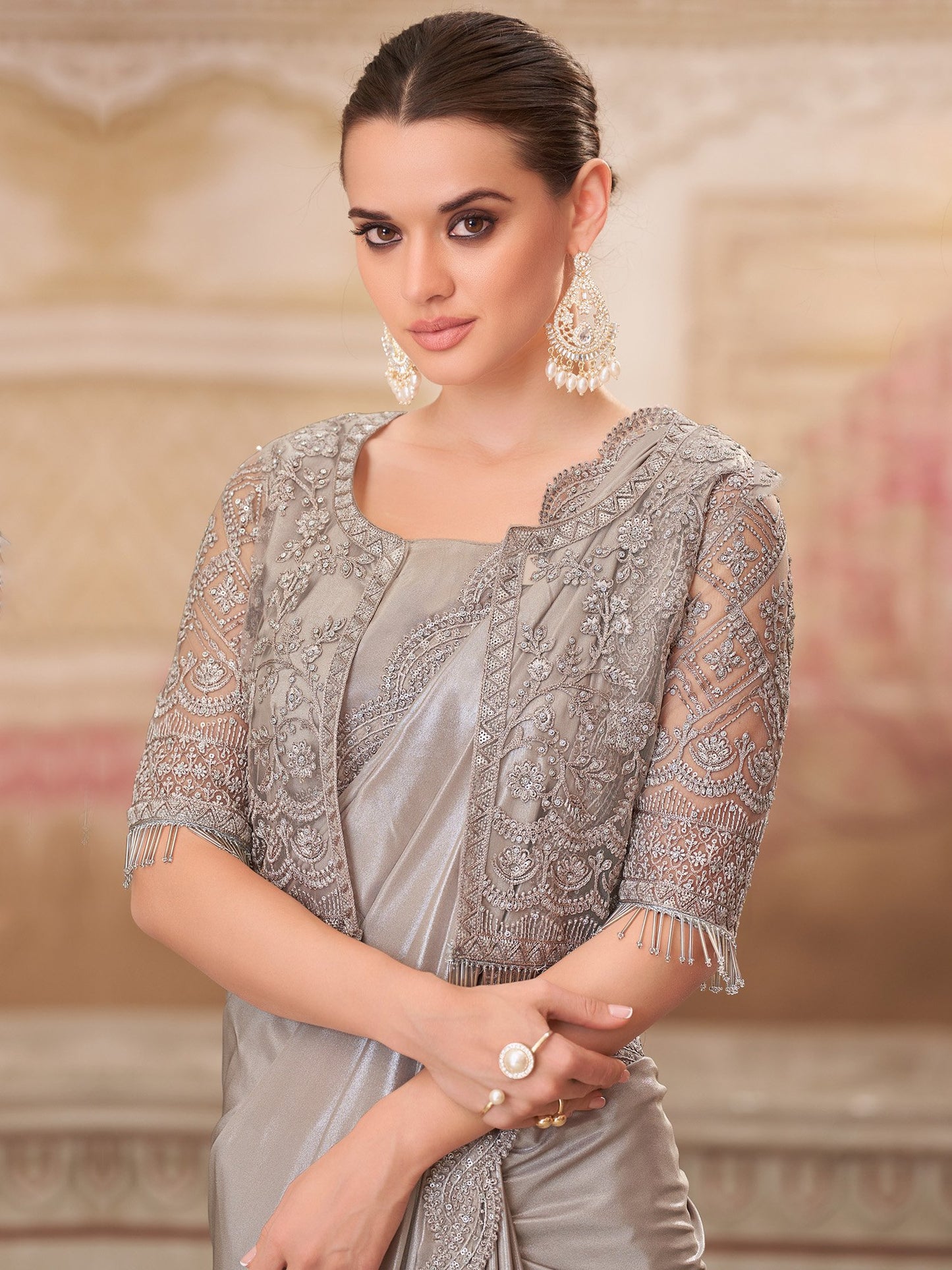 Metallic Party Wear Satin Silk Embellished Saree