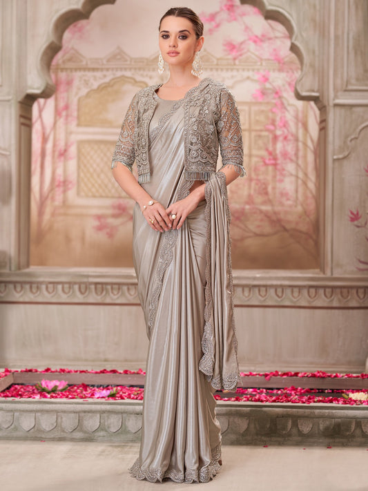 Grey Metallic Party Wear Satin Silk Embellished Saree