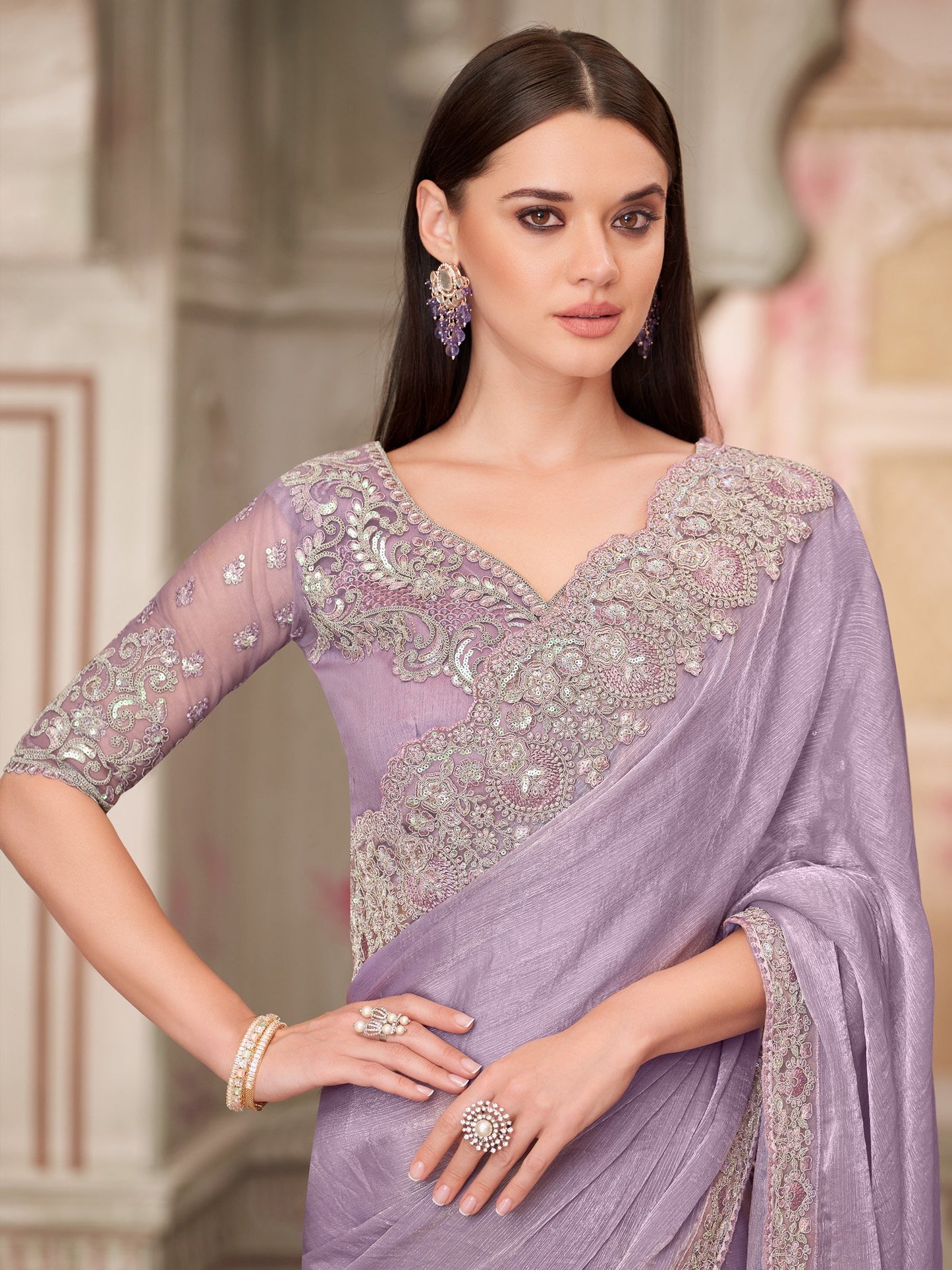 Lavendar Party Wear Pure Chiffon Embellished Saree