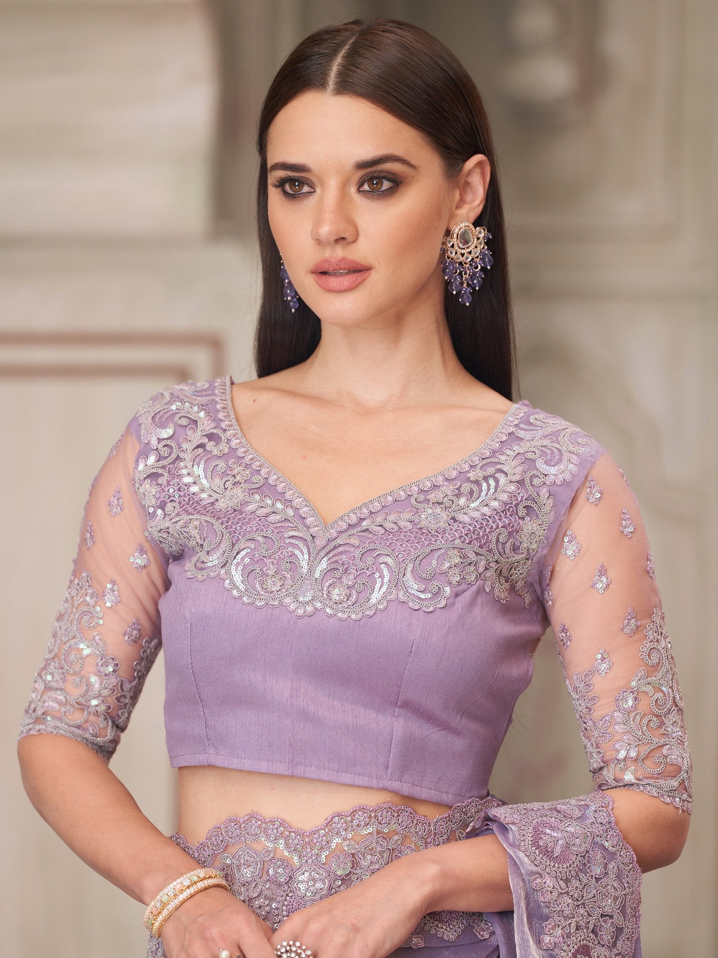 Lavendar Party Wear Pure Chiffon Embellished Saree