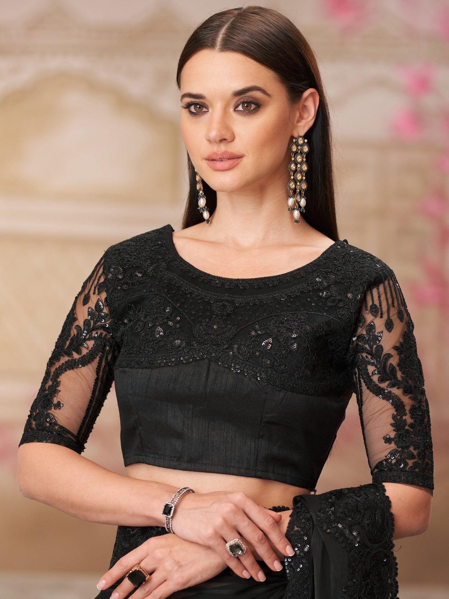 Black Party Wear Pure Georgette Embellished Saree