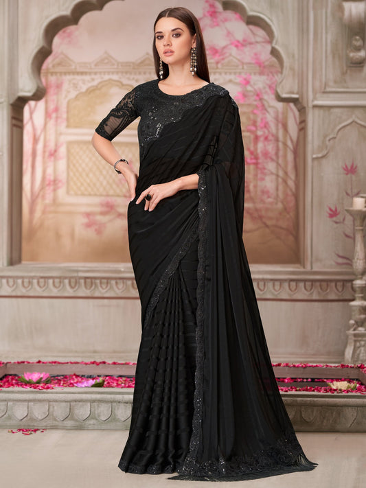 Black Black Party Wear Pure Georgette Embellished Saree
