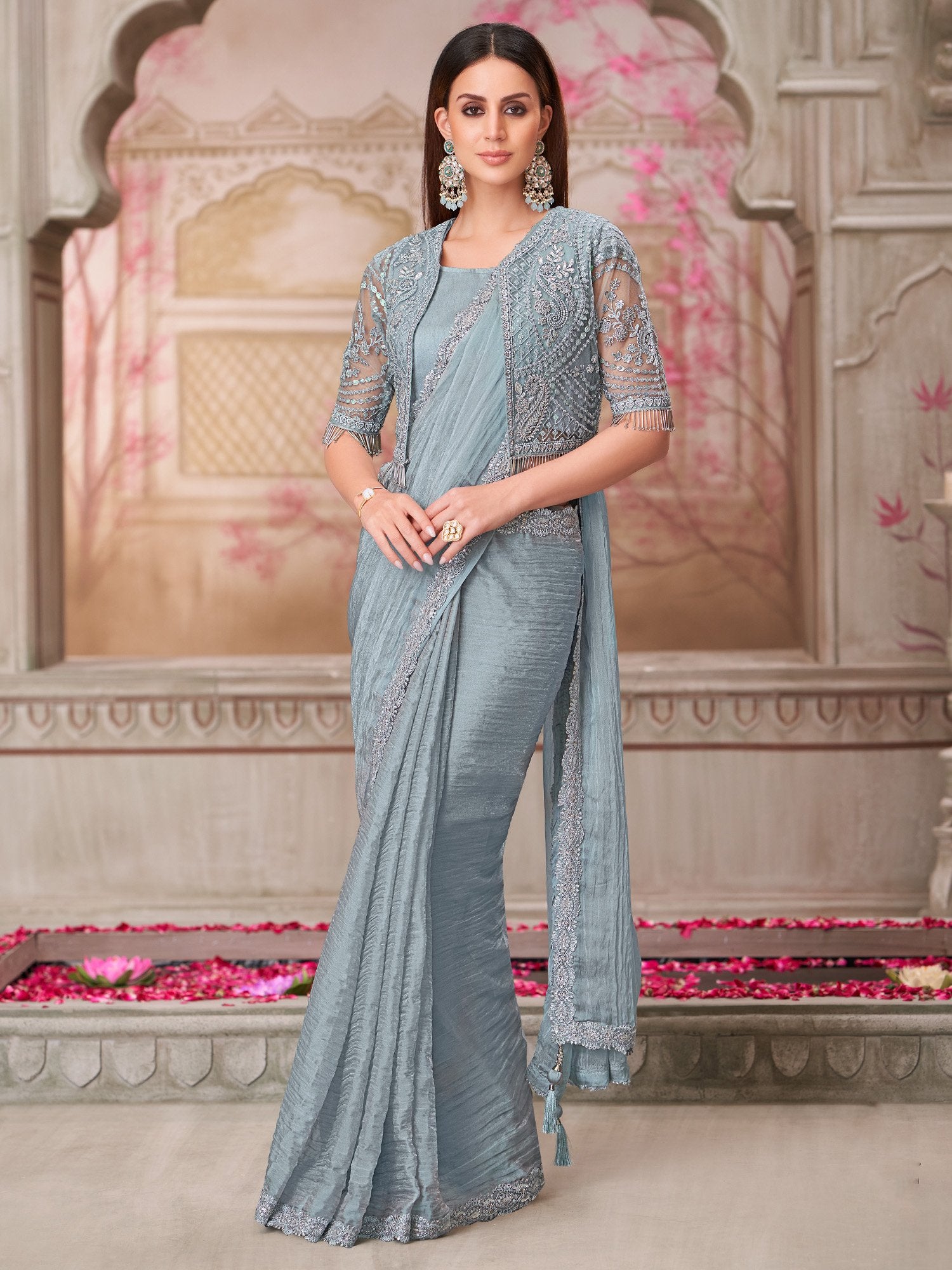 Blue Light Party Wear Pure Georgette Embellished Saree