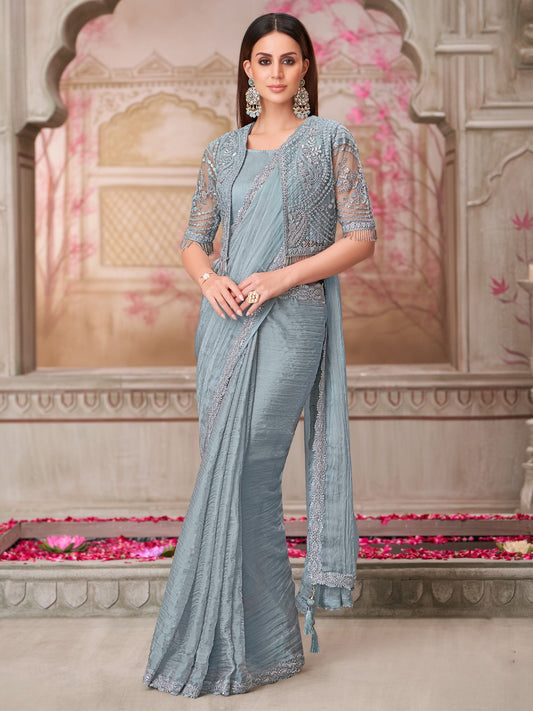 Blue Light Party Wear Pure Georgette Embellished Saree