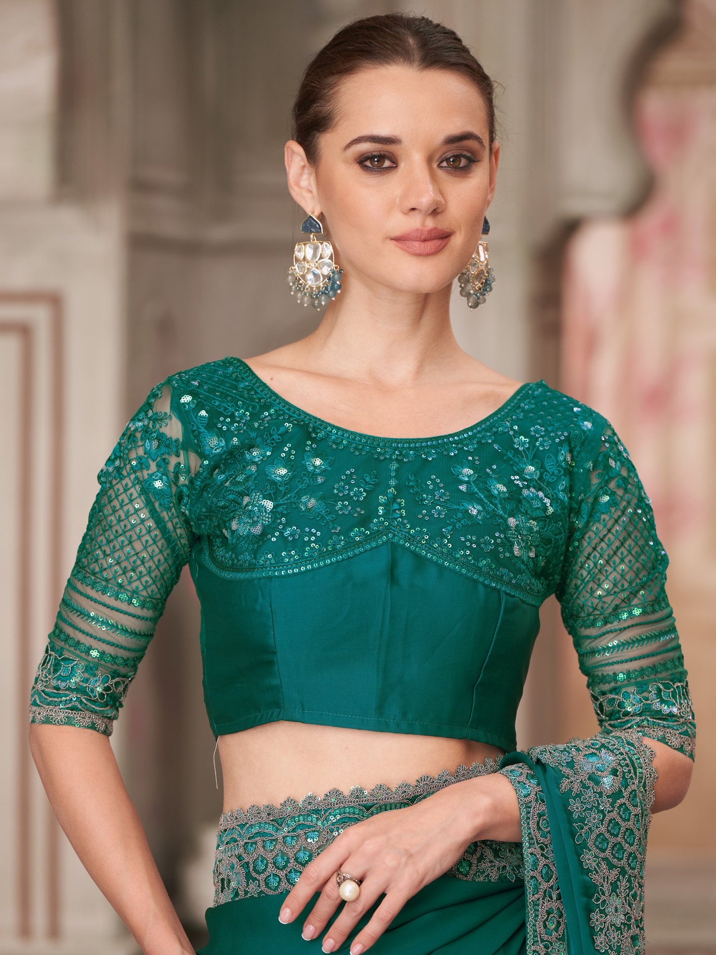 Teal Party Wear Satin Silk Embellished Saree