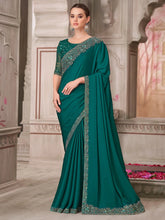 Teal Green Party Wear Satin Silk Embellished Saree - The Dori Store