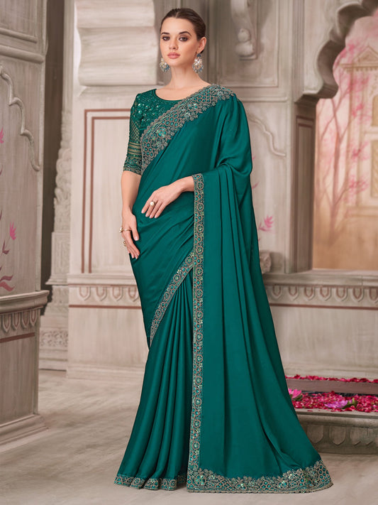 Green Teal Party Wear Satin Silk Embellished Saree