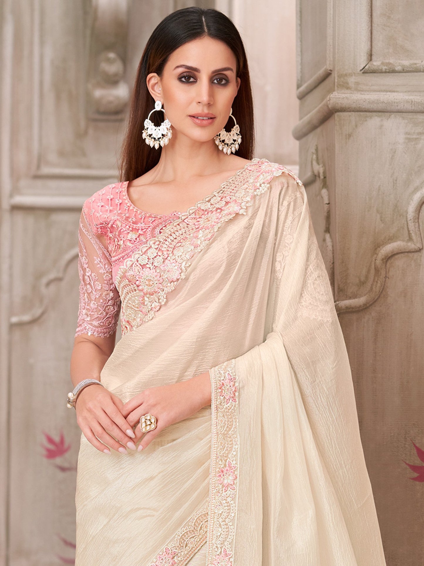 Off Party Wear Satin Silk Embellished Saree