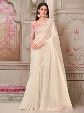 Off White Party Wear Satin Silk Embellished Saree - The Dori Store