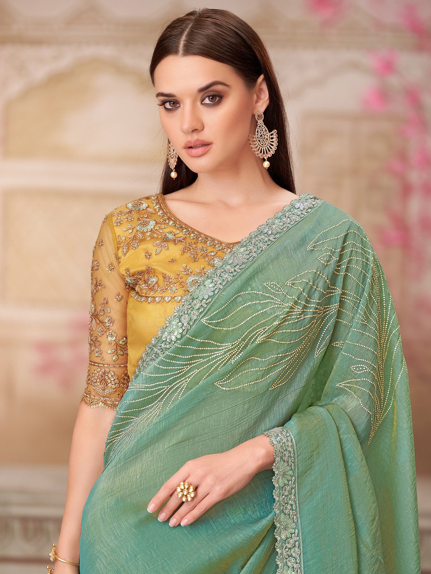 Sea Party Wear Satin Silk Embellished Saree