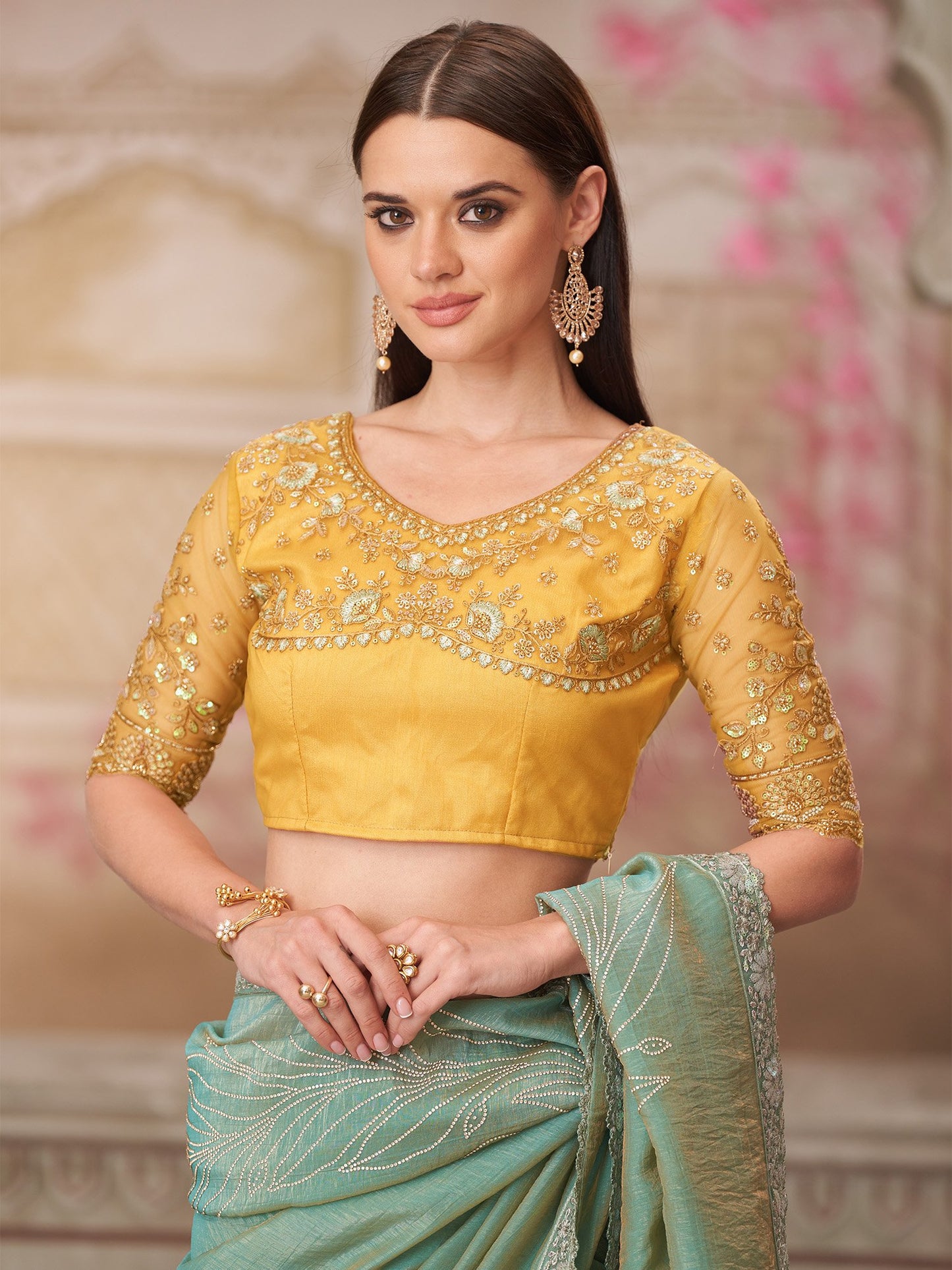 Sea Party Wear Satin Silk Embellished Saree