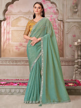 Sea Party Wear Satin Silk Embellished Saree - The Dori Store