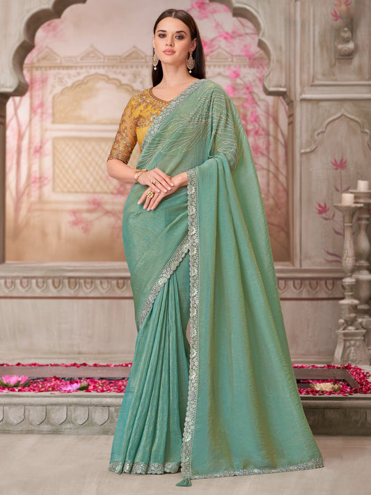 Green Sea Party Wear Satin Silk Embellished Saree