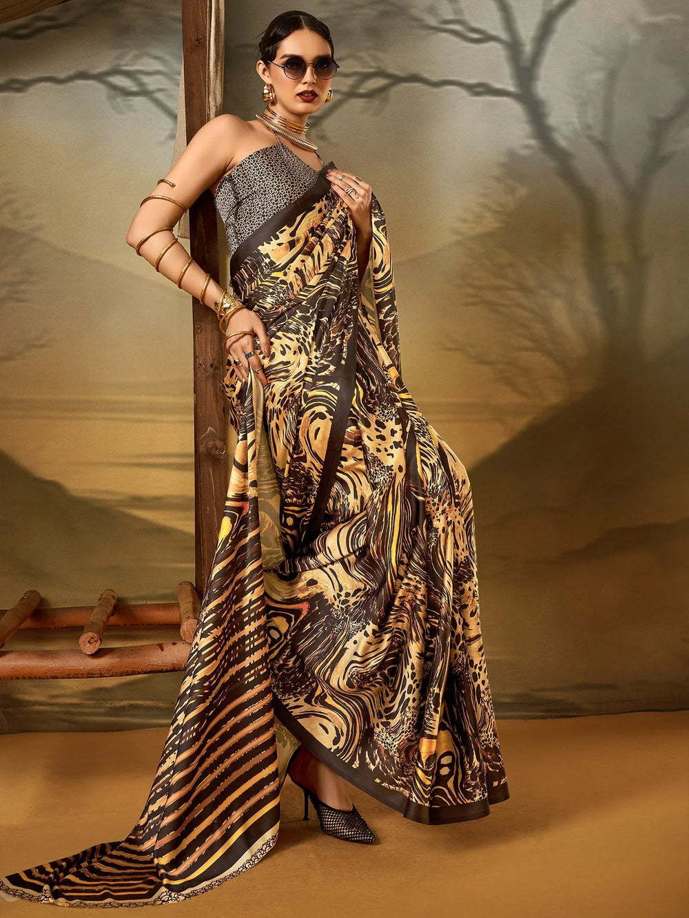 Beige Block Print Crepe Printed Saree - The Dori Store
