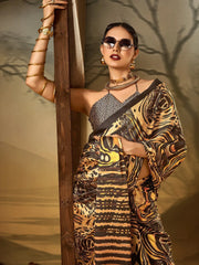 Beige Block Print Crepe Printed Saree - The Dori Store