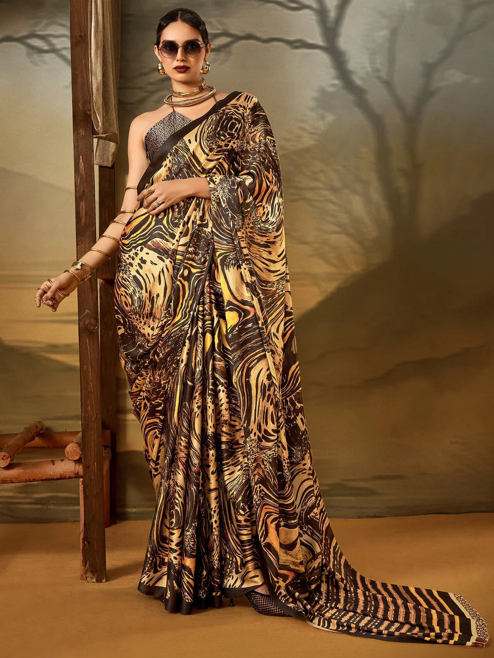 Beige Block Print Crepe Printed Saree - The Dori Store