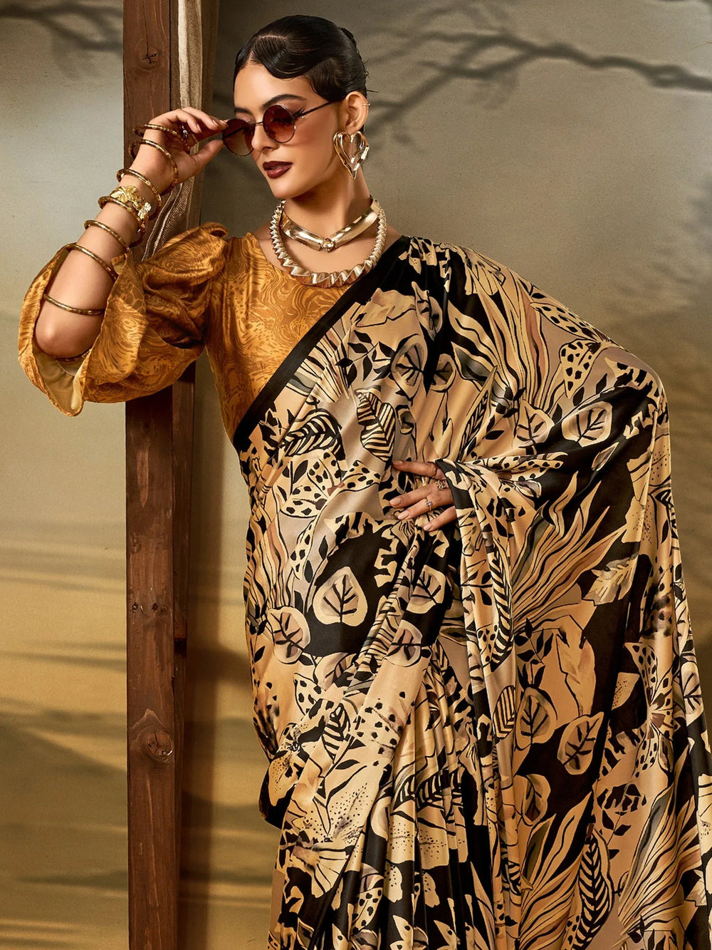Beige Block Print Crepe Printed Saree - The Dori Store