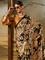 Beige Block Print Crepe Printed Saree - The Dori Store