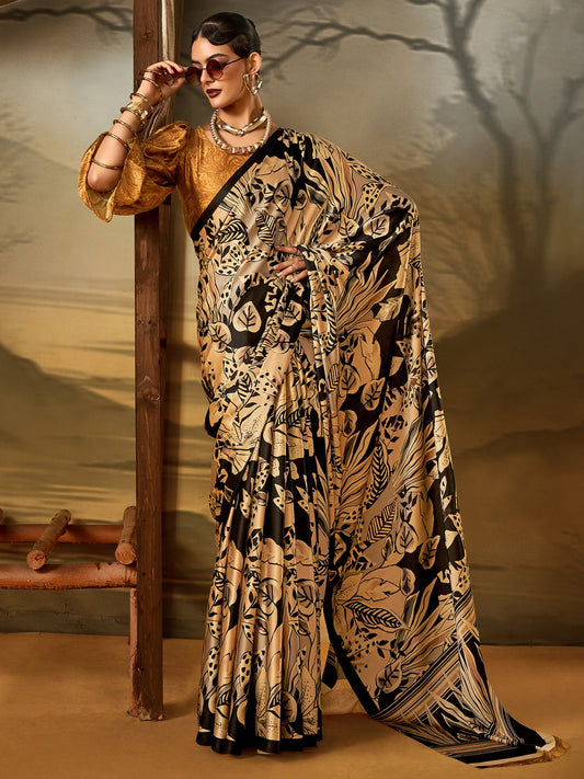 Cream Beige Block Print Crepe Printed Saree