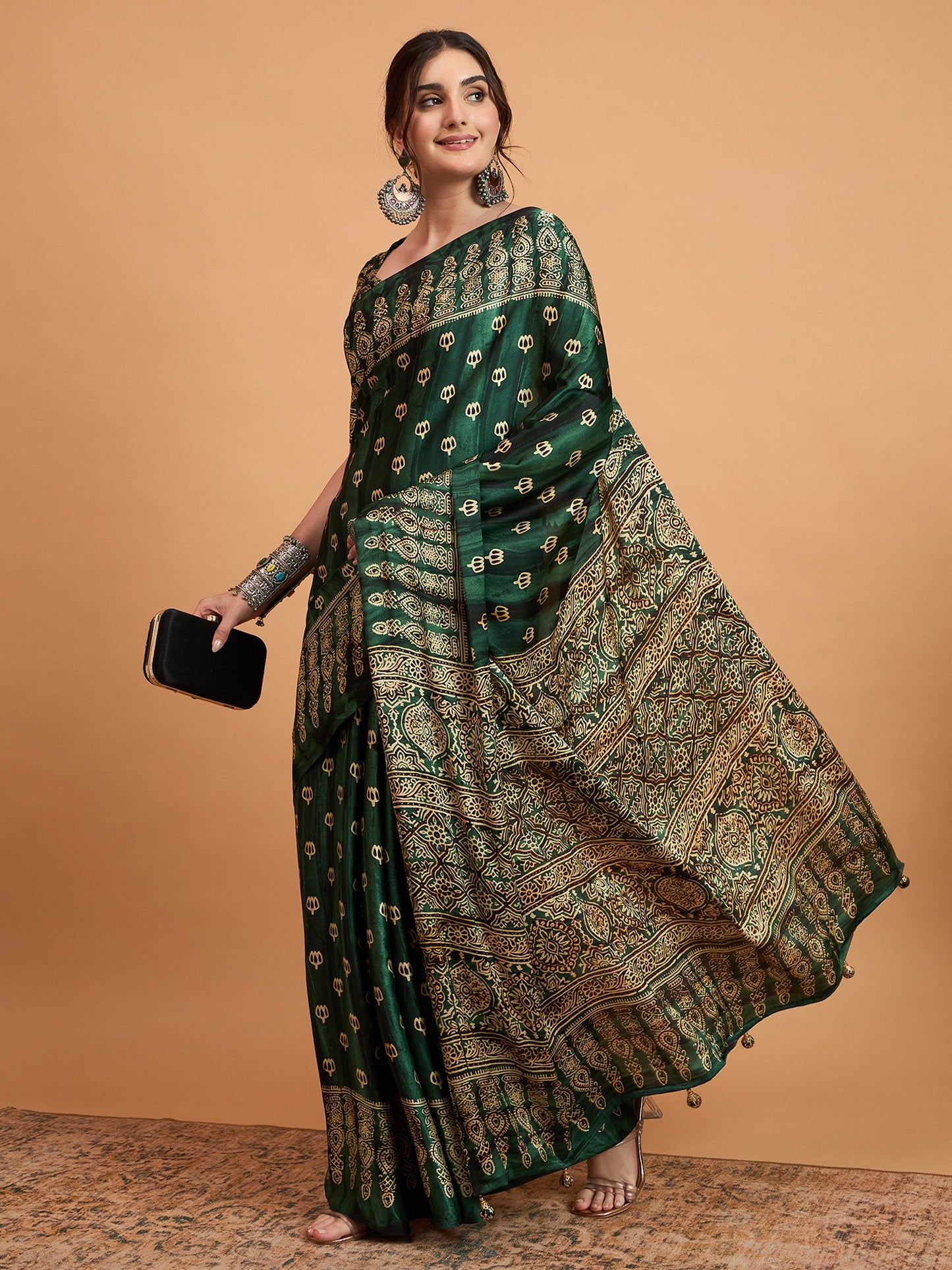 Green Block Print Pure Crepe Printed Saree