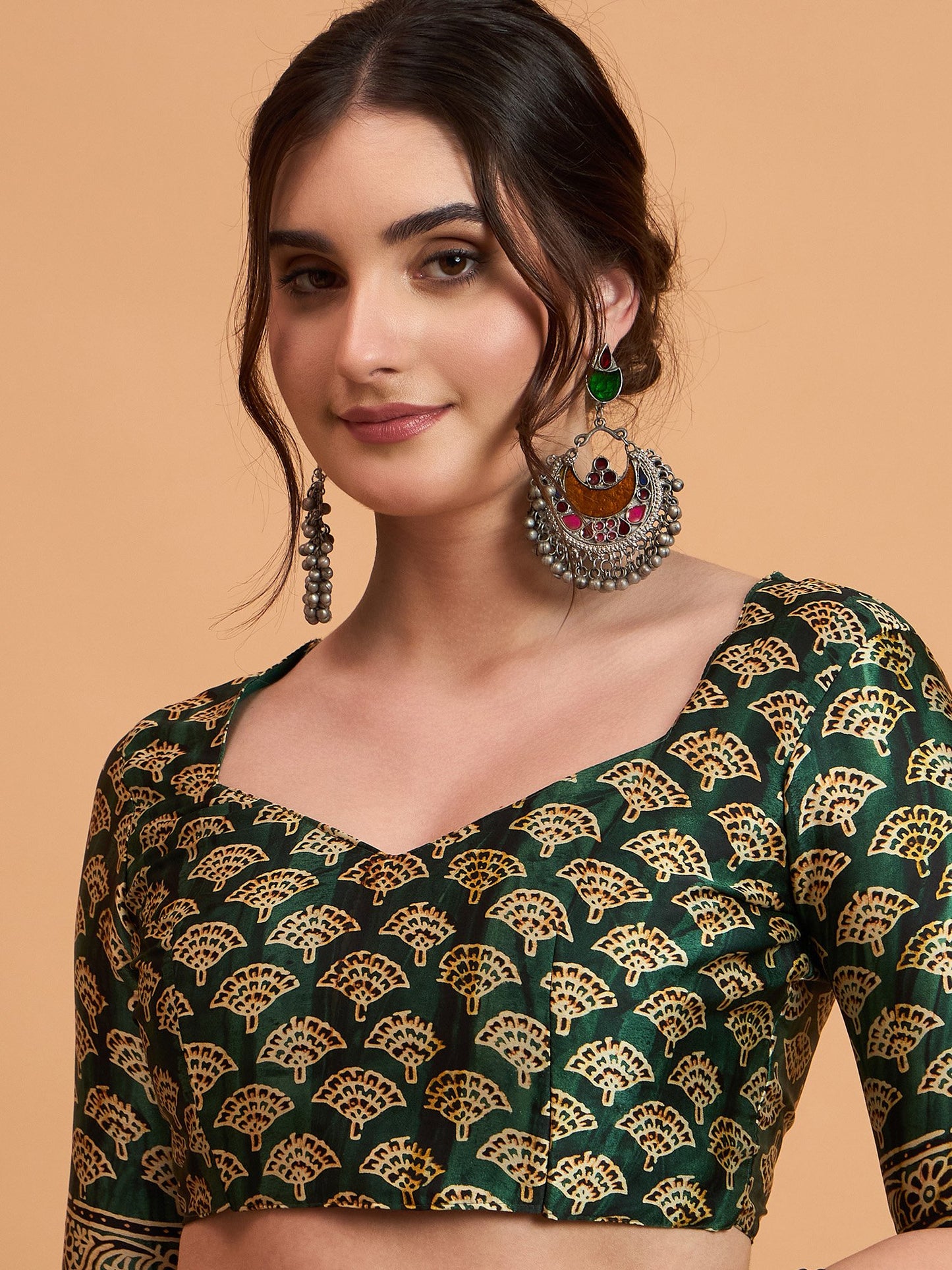 Green Block Print Pure Crepe Printed Saree