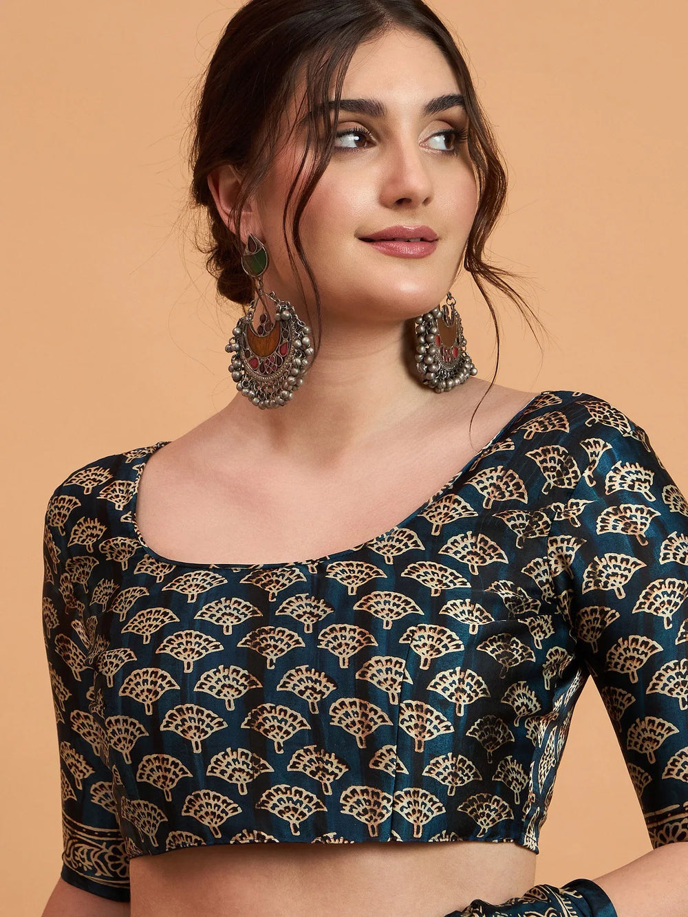 Teal Blue Block Print Pure Crepe Printed Saree - The Dori Store