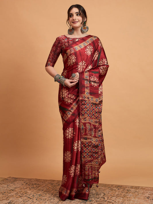 Maroon Maroon Block Print Pure Crepe Printed Saree