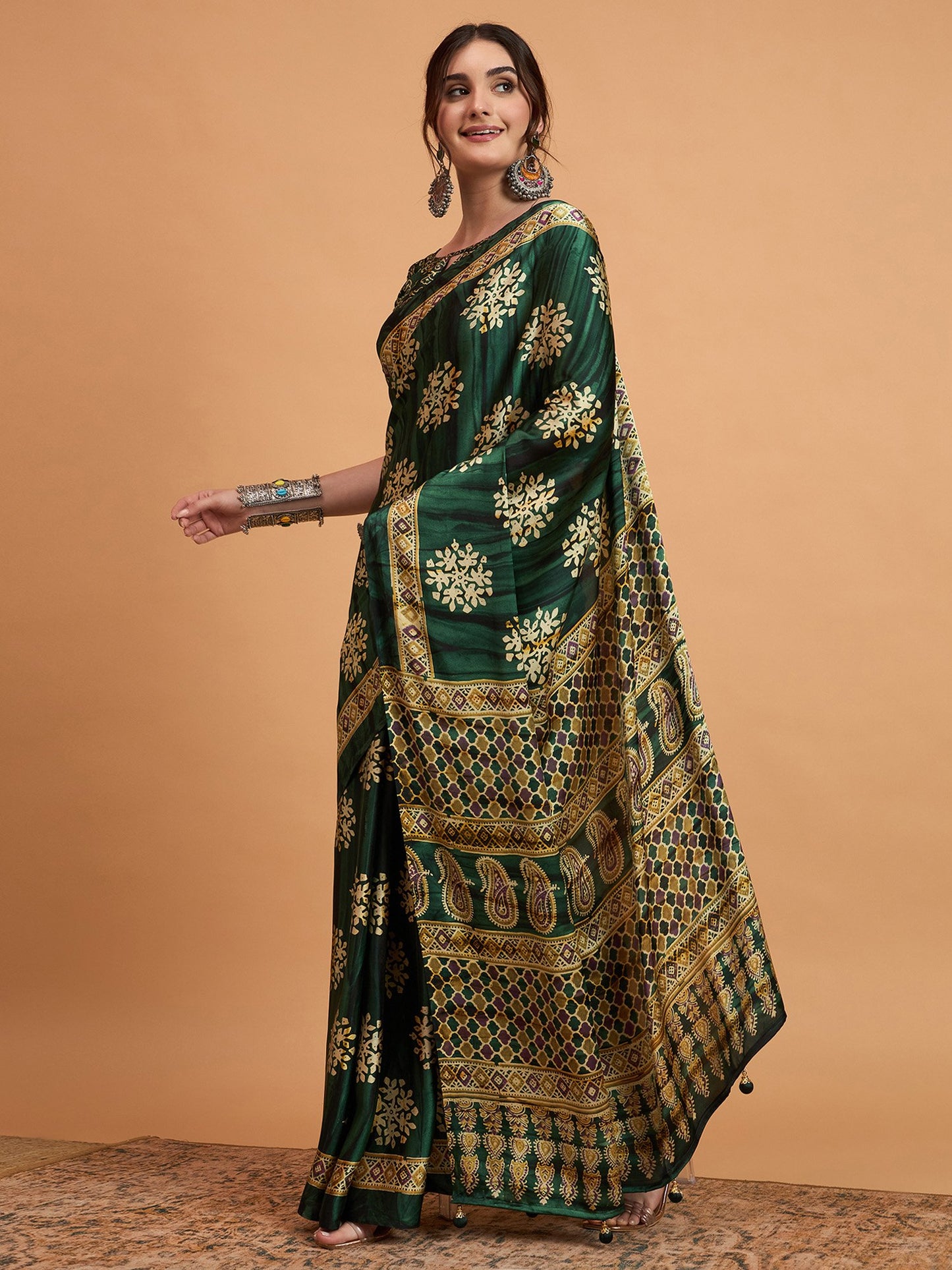 Green Block Print Pure Crepe Printed Saree