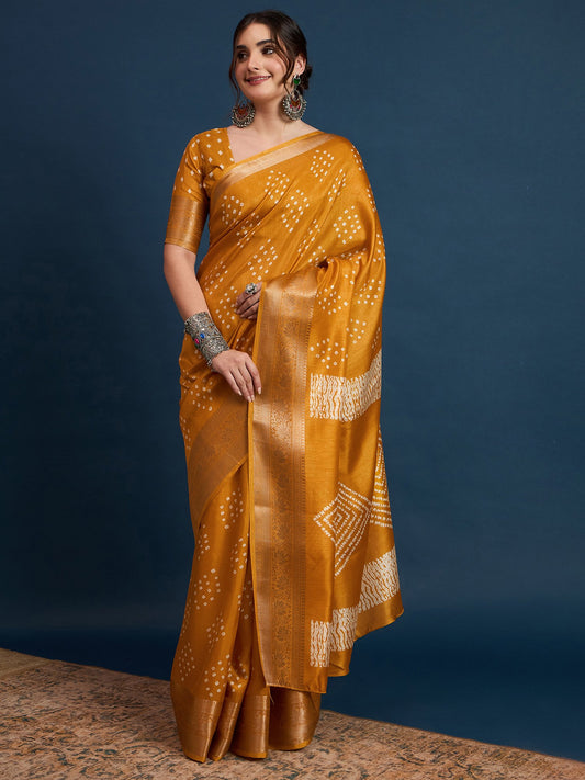 Yellow Mustard Sungudi Silk Blend Printed Saree