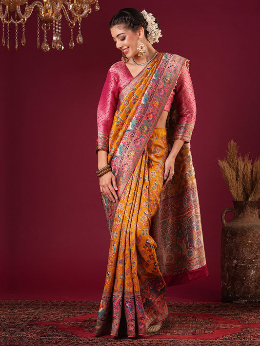 Yellow Mustard Banarasi Viscose Silk Woven Saree