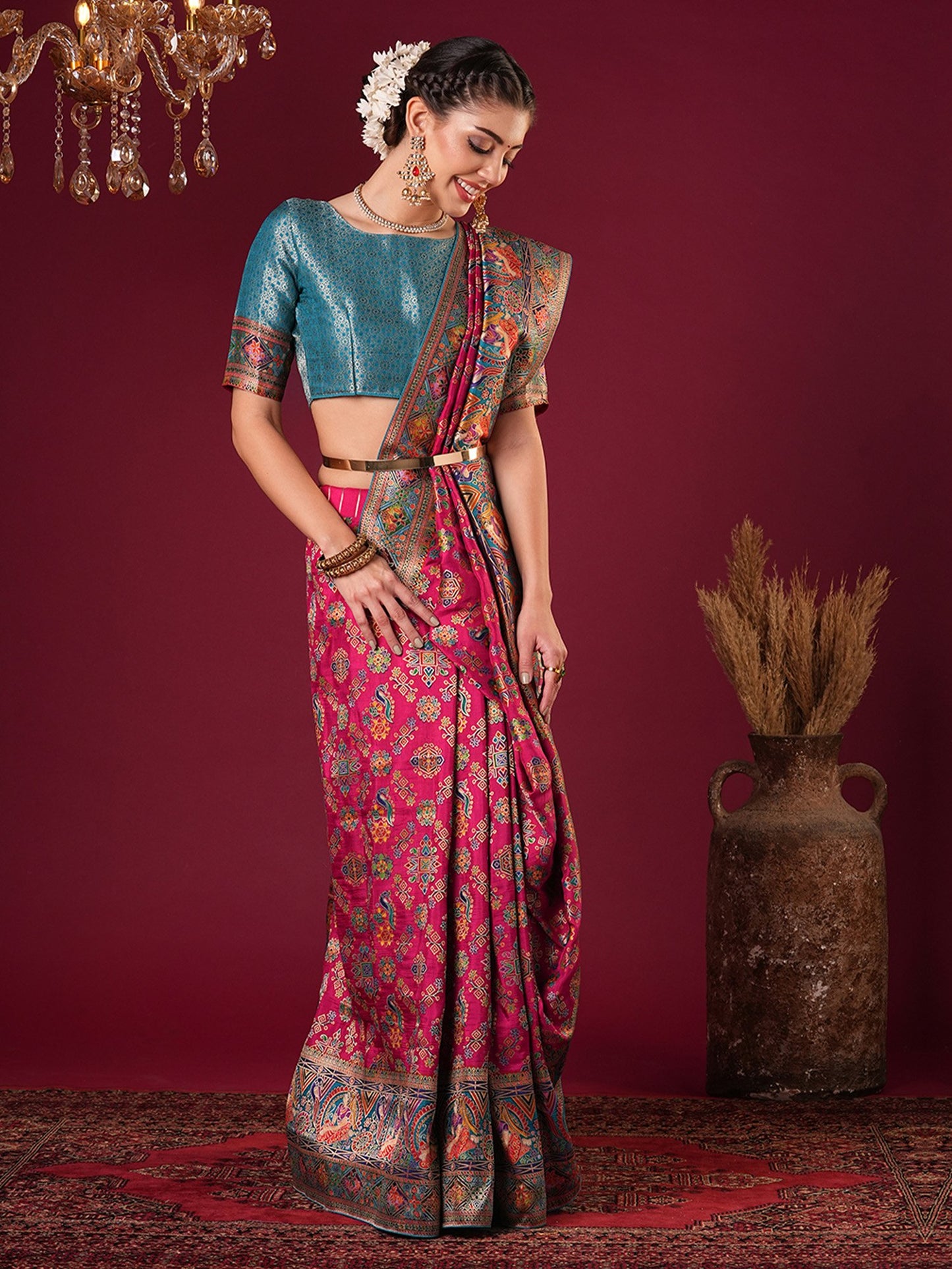 Pink Banarasi Viscose Silk Woven Saree
