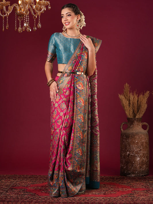 Pink Pink Banarasi Viscose Silk Woven Saree