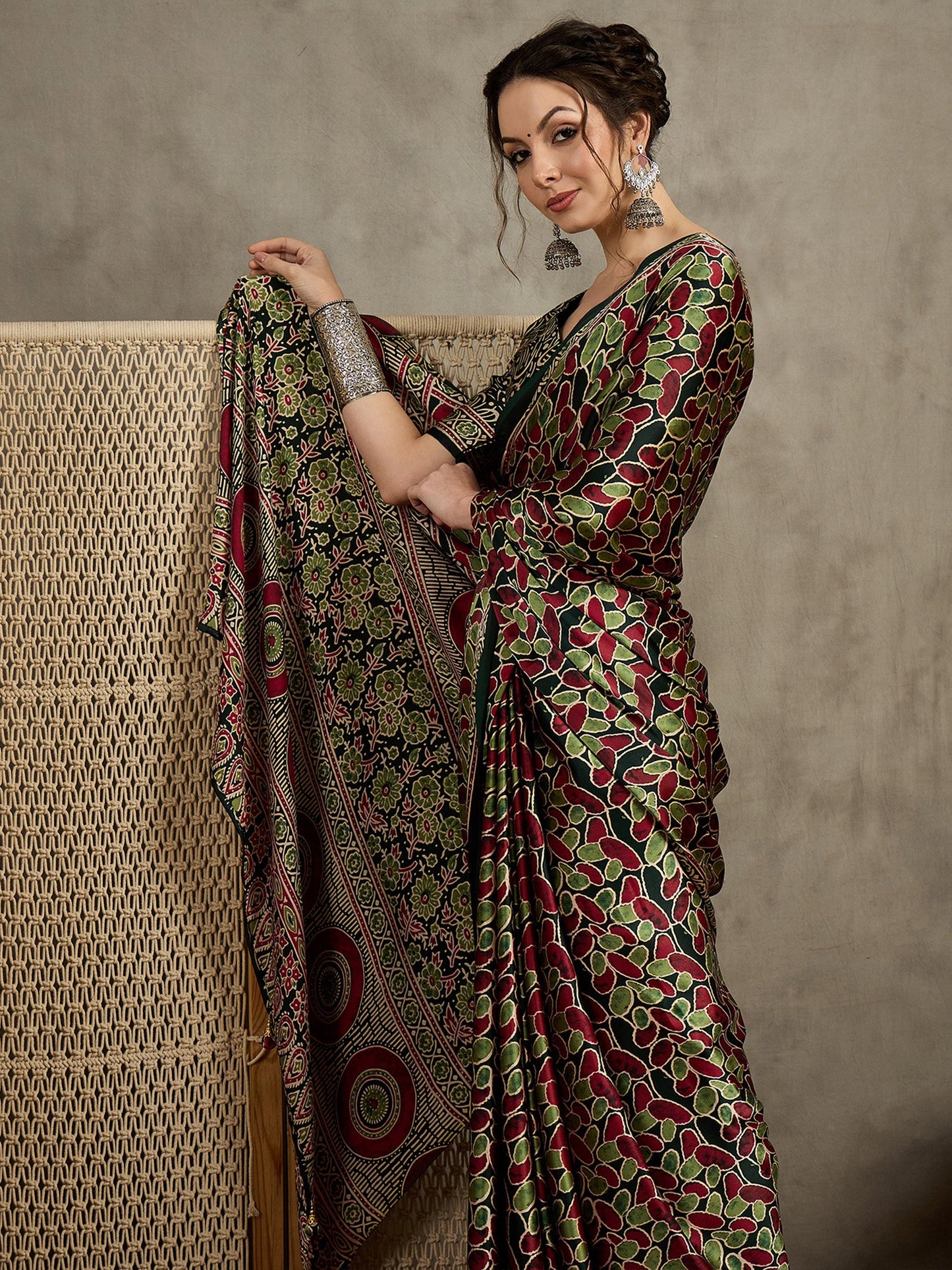 Green Block Print Pure Crepe Printed Saree