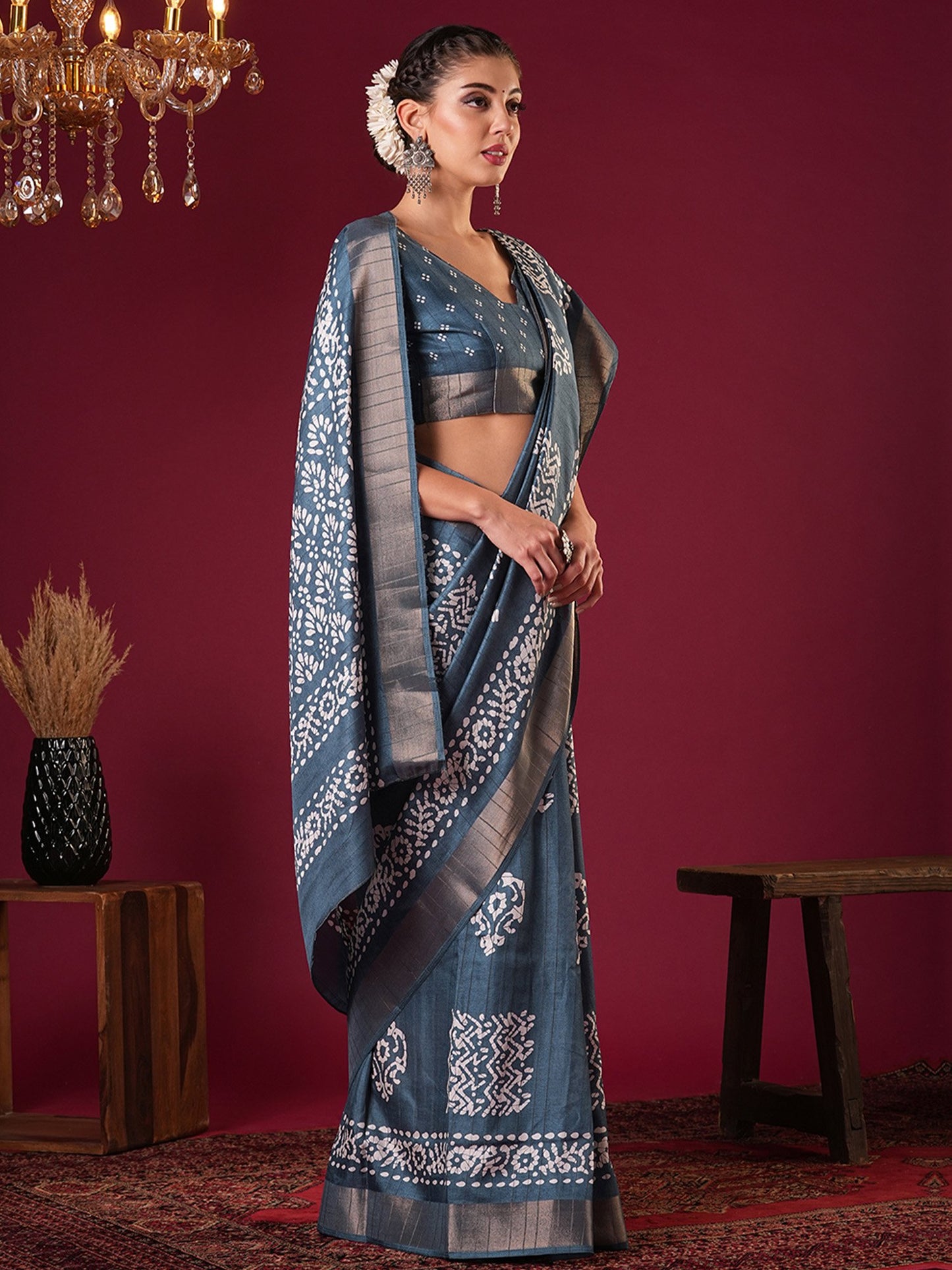 Blue Sungudi Silk Blend Printed Saree