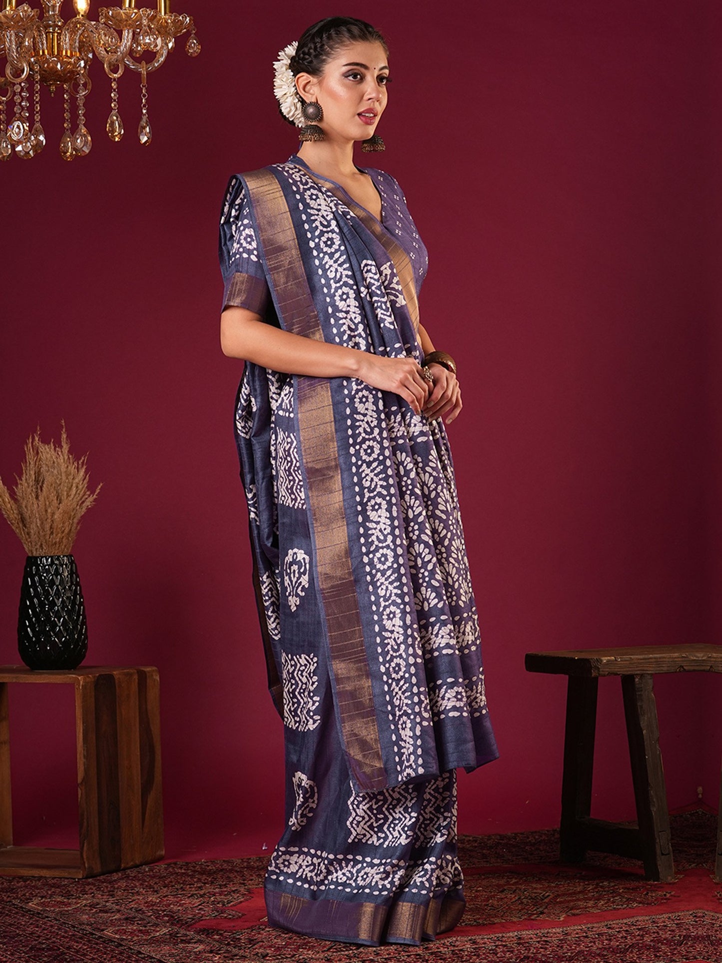 Violet Sungudi Silk Blend Printed Saree