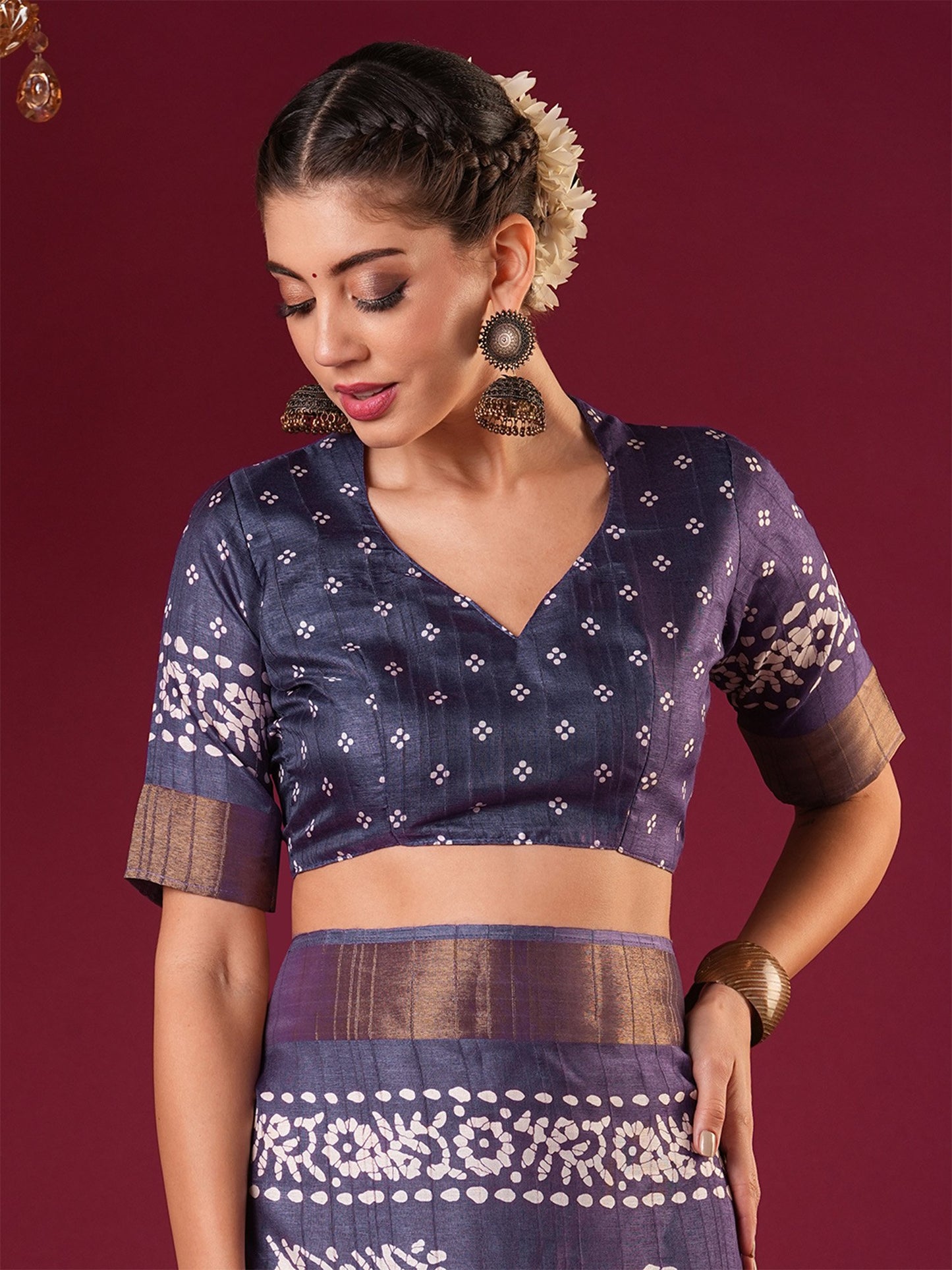 Violet Sungudi Silk Blend Printed Saree