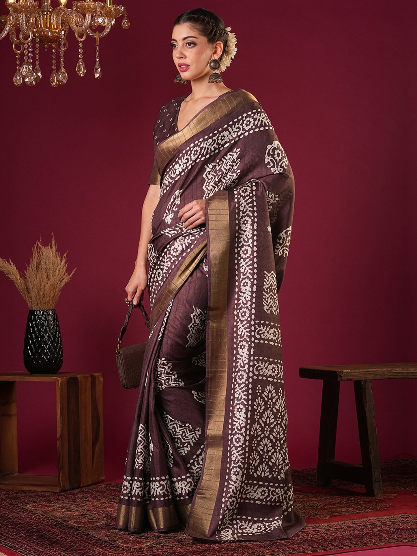 Burgundy Sungudi Silk Blend Printed Saree