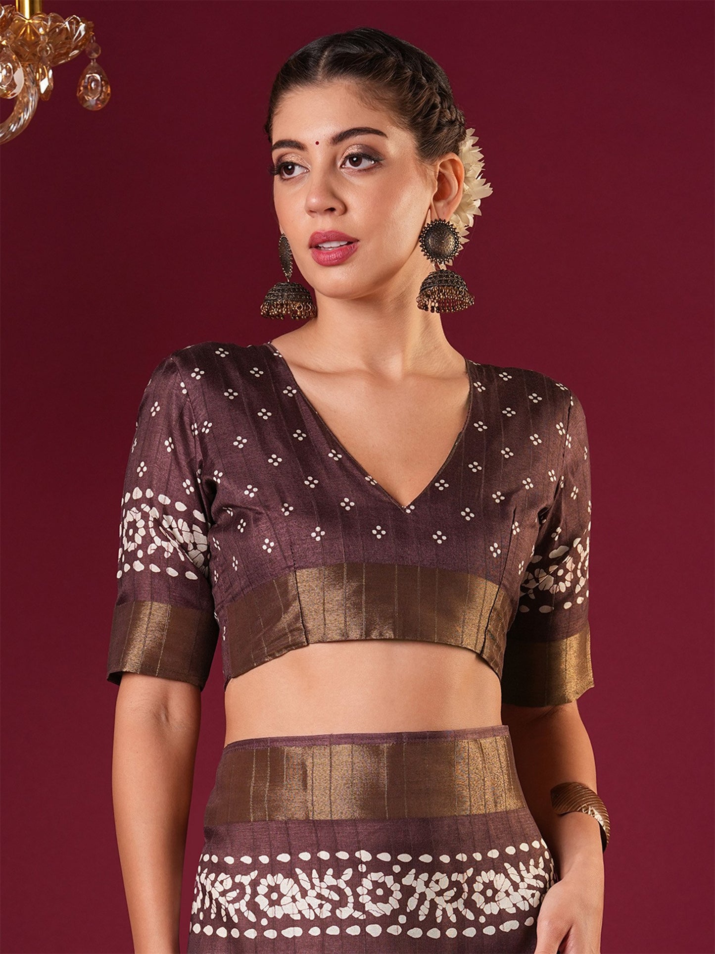 Burgundy Sungudi Silk Blend Printed Saree